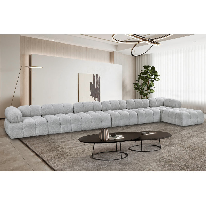 Ames Upholstered Sofa, Grey Boucle Fabric, 4 Armless, 2 Corner, 1 Ottoman