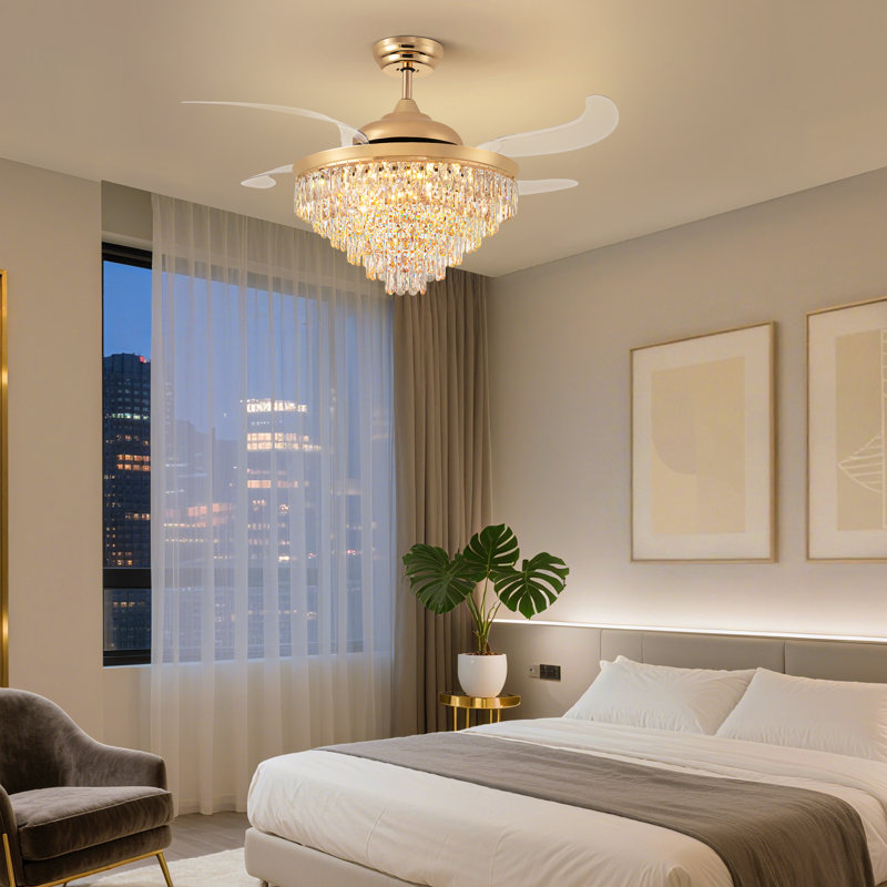 Retractable Crystal Ceiling Fan With Led Lights & Remote Control, 52"