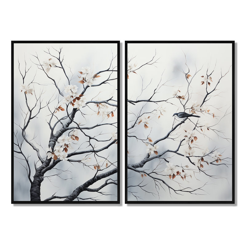 «Gray Floral Sprintime Tree Birds III», art mural moderne sur toile grise, Black, 36" H x 48" W