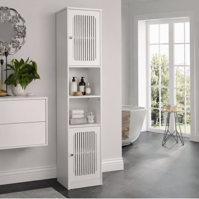 64-Inch Bathroom tall cabinet with adjustable drawer shelves, louvered door floor-standing storage unit, multi-tiered vertical narrow storage cabinet for bathroom, white