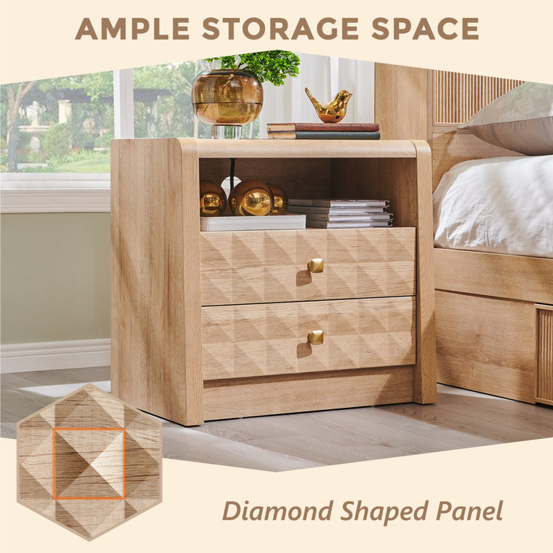 Table de bout moderne avec station de charge, table d'appoint en bois texturé à losanges avec 2 tiroirs de rangement, table d'appoint de 23,6 po de largeur avec contour incurvé