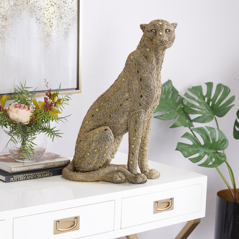 Brightnalle Polystone Beaded Leopard Decorative Gold Sculpture with Diamond Mirrored Accents