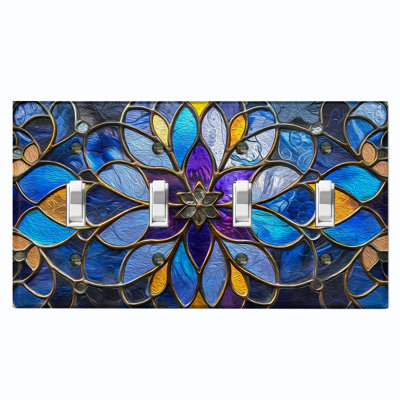 Plaque d'interrupteur en métal ; interrupteur à bascule 4 voies, taille standard américaine ; motif imprimé d'un mandala floral en vitrail.
