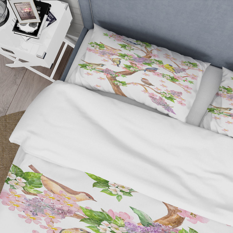Arbre avec oiseaux colorés sur des branches en fleurs - Ensemble de housse de couette traditionnel - Microfibre de polyester