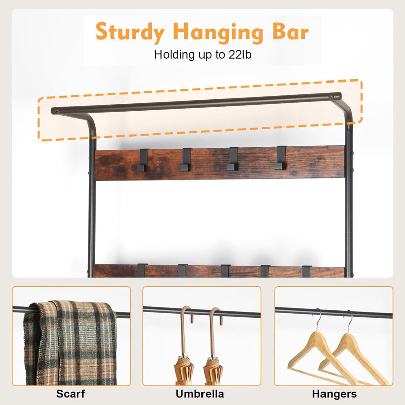 Entryway Bench with 9 Hooks, Hanging Rod & Shoe Storage Coat Rack
