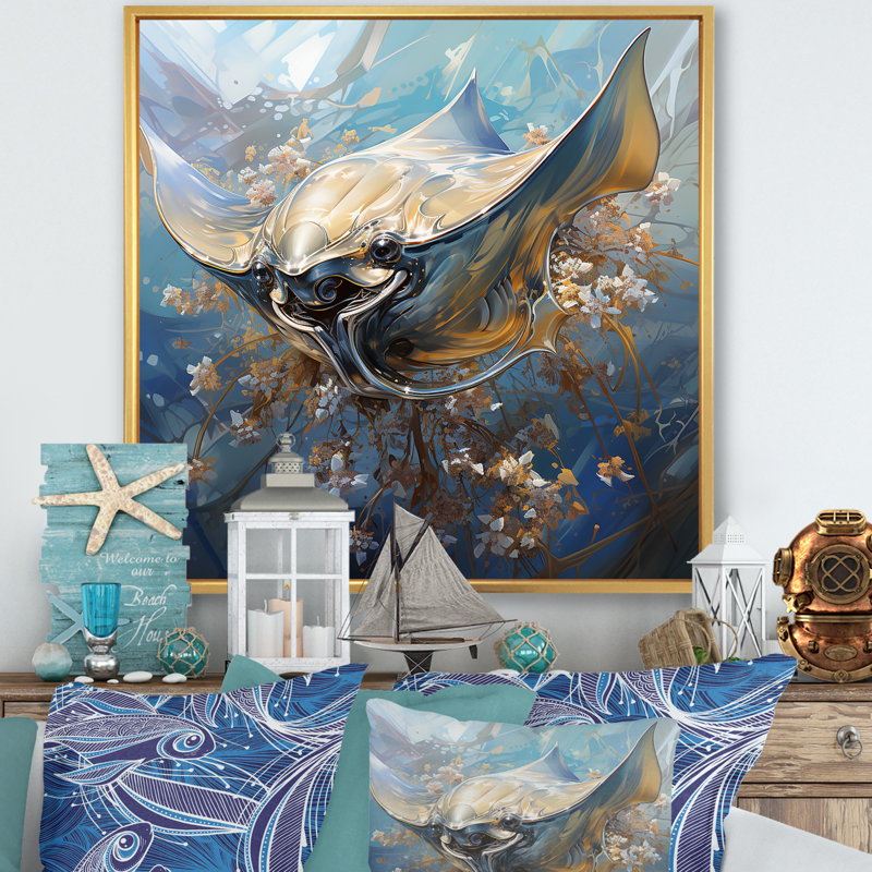 Manta Ray Dance 2 - art mural animaux côtiers, Cadre flottant doré, H 36 po x l 36 po x P 1,5 po