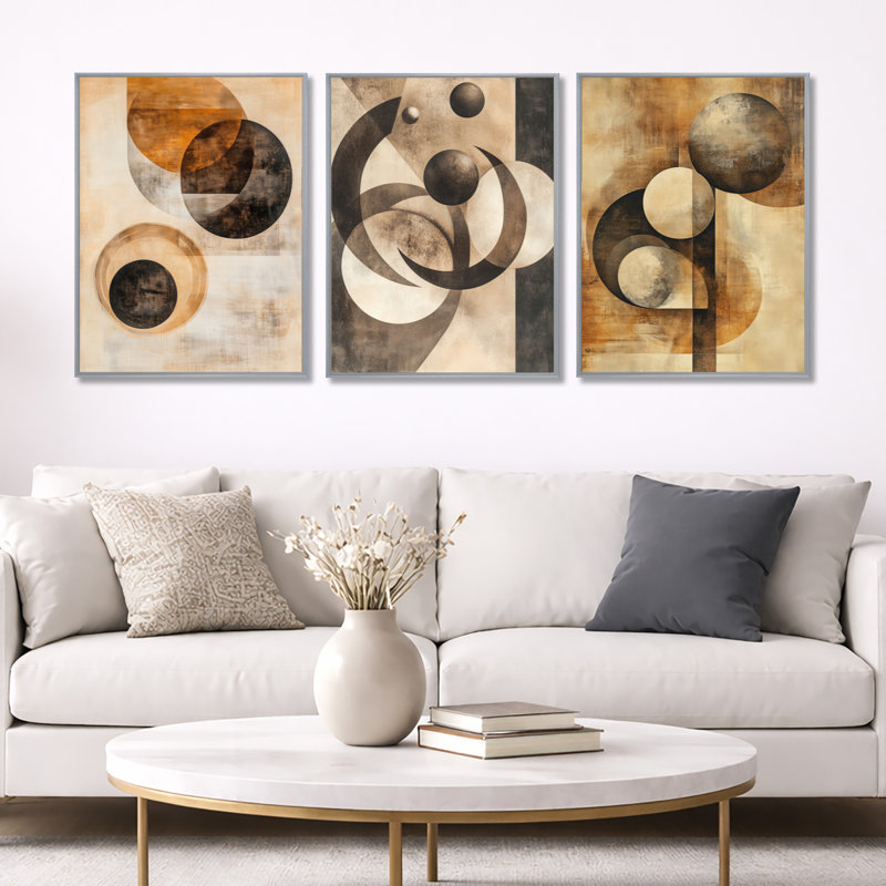 Orbiting Shapes in Sepia Space - Abstract Shapes, impression sur toile 3 pièces, Encadrement argenté, H 32 po x l 72 po