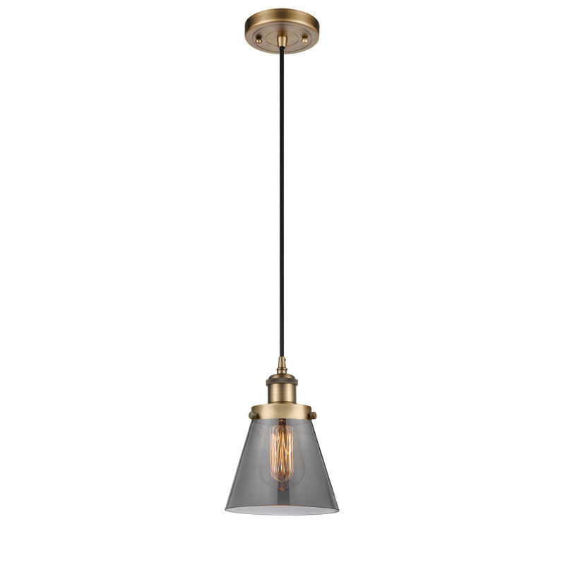 Ballston Urban Cone - 1 Light 6" Cord Hung Mini Pendant, Brushed Brass, Plated Smoke