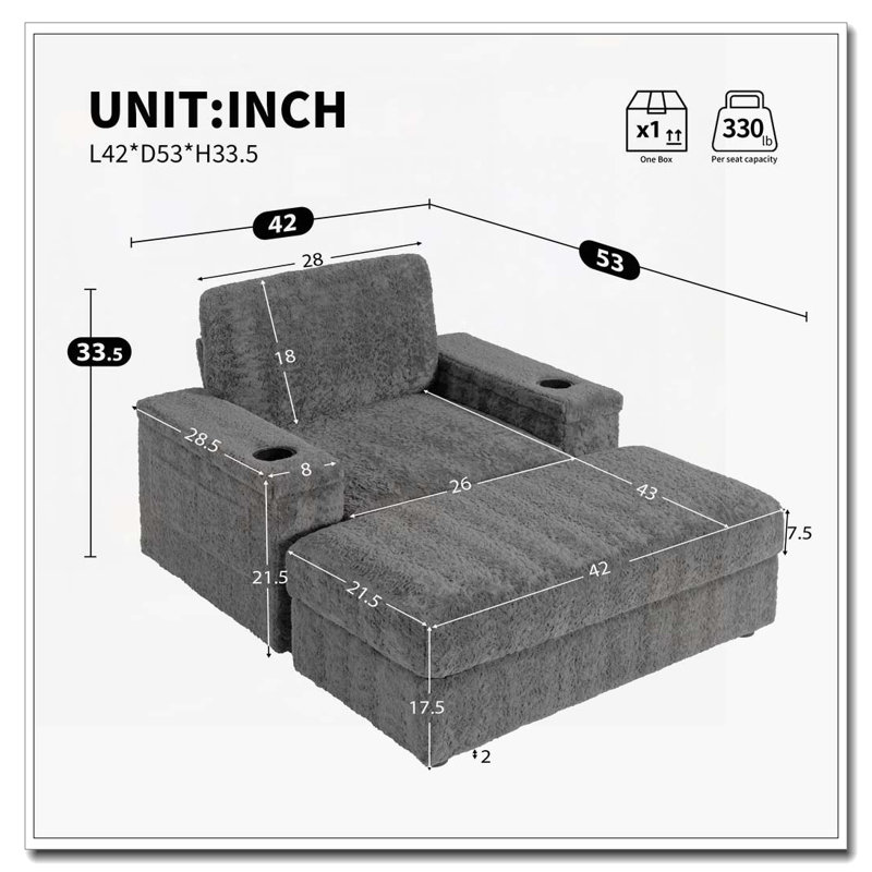 Fauteuil-lit surdimensionné de 42 po avec méridienne rembourrée avec repose-pieds et rangement, porte-gobelets, Gris