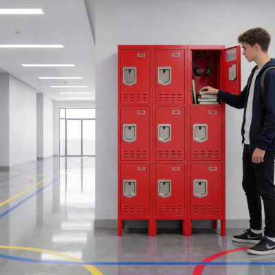 Armoire de rangement à 3 portes en acier avec miroir et crochets - Armoire de style classique pour plusieurs utilisateurs dans le bureau, l'école et la salle de sport (noir, rouge, gris, bleu)