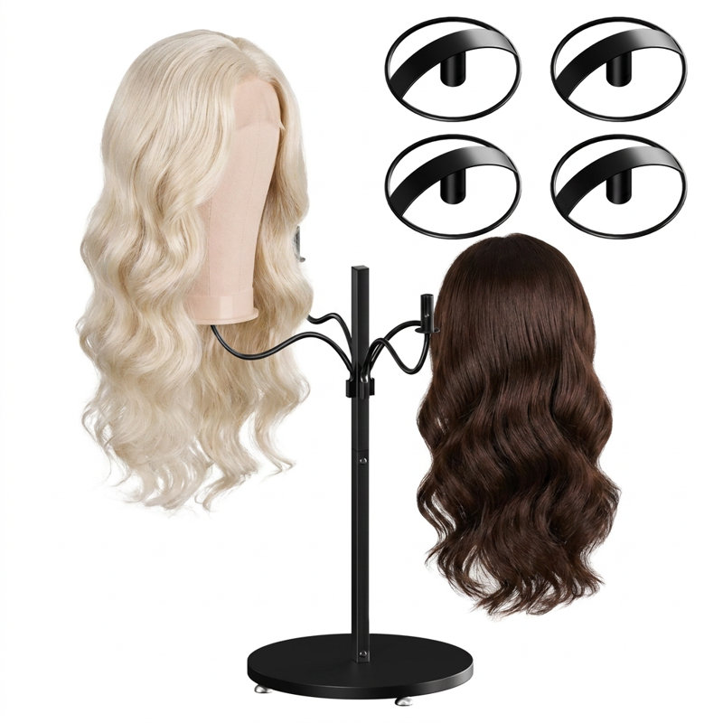 Wig Stand, Multiple Mannequin Head Display Rack, Metal Wig Holder Storage Organizer, Black with 4 Holders