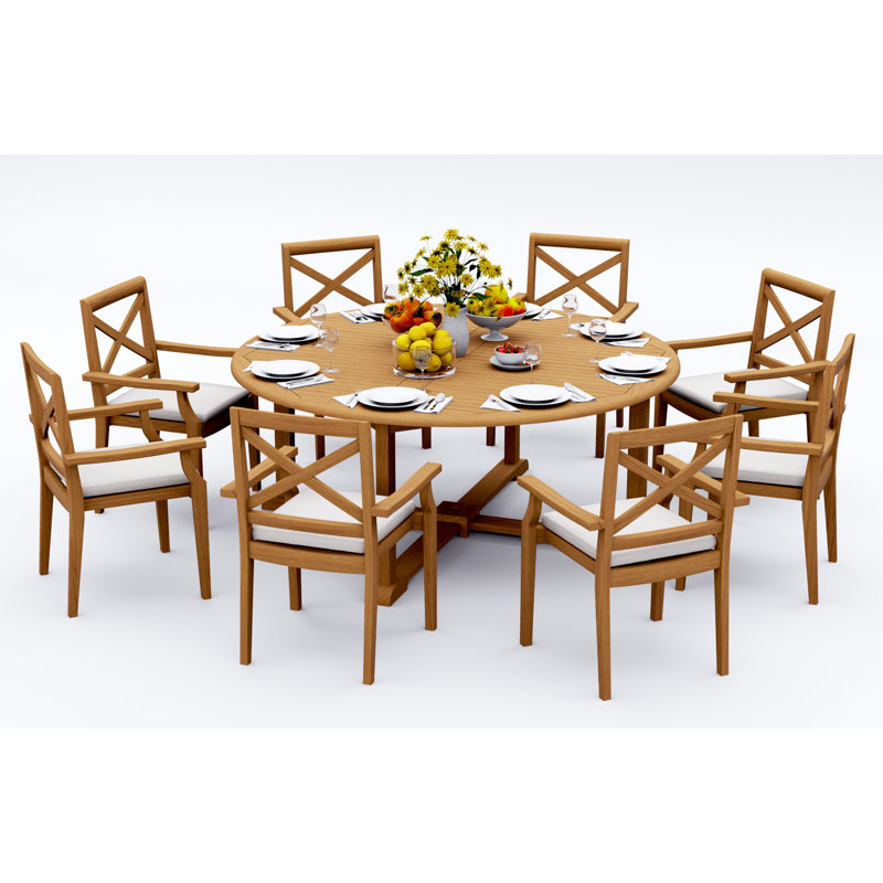 9 Pcs Grade-A Teak Wood Dining Set: 72" Round Table And 8 Granada Stacking Arm Chairs #11GR1708, 8