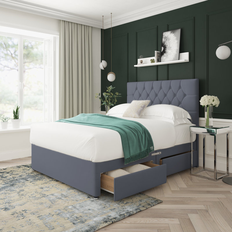 Upholstered Bed, Single (3'), Steel, Left Side Drawers