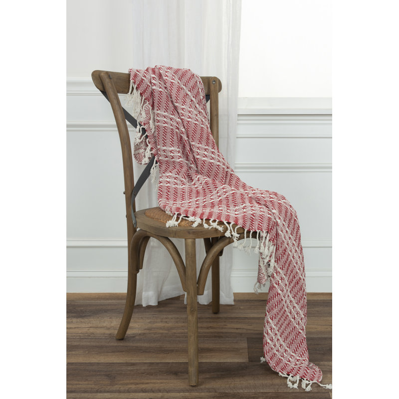 Handcrafted Red and Natural Cotton Striped Throw Blanket