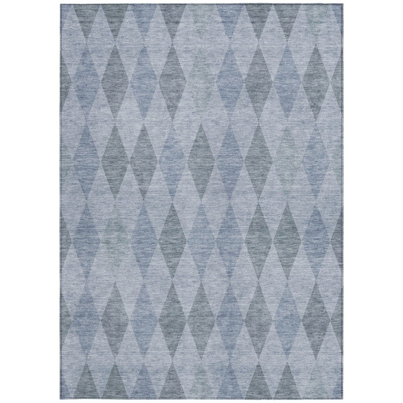 3' X 5' Denim Blue Geometric Washable Non Skid Indoor Outdoor Area Rug