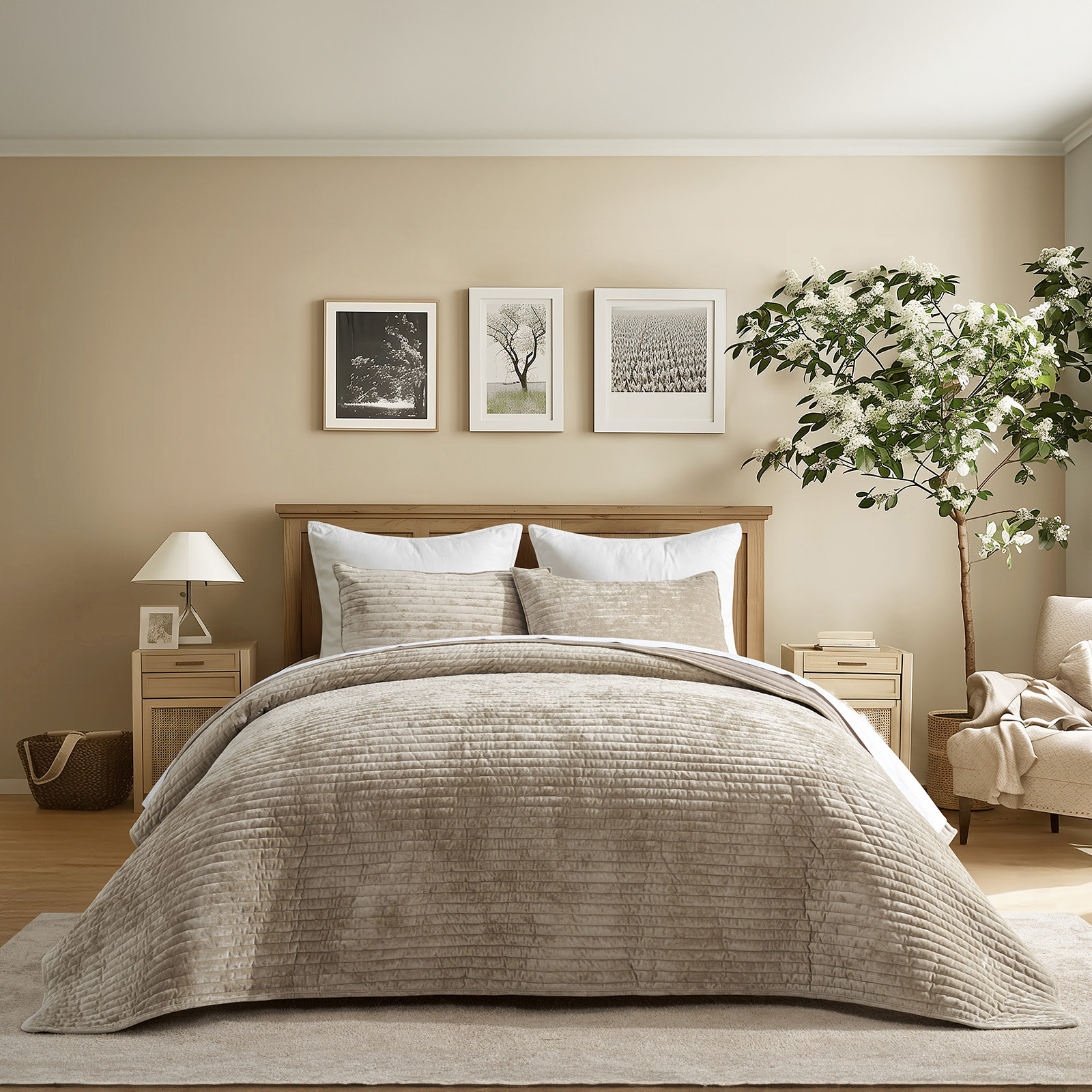 Luxe Velvet Channel Quilt Set, Taupe, California King
