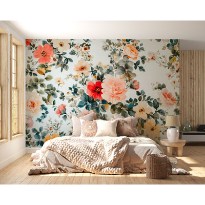 Light Floral Wallpaper With Pink And Peach Roses – Elegant Watercolor Garden Design For Bright Bedrooms, Nurseries Or Feminine Wall Decoration