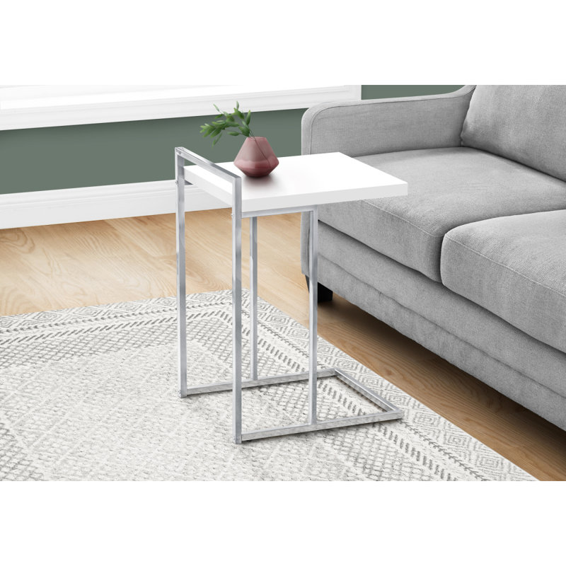 Table d'appoint, en forme de C, bout, côté, collation, salon, chambre à coucher, stratifié blanc brillant, métal chromé, contemporain, moderne