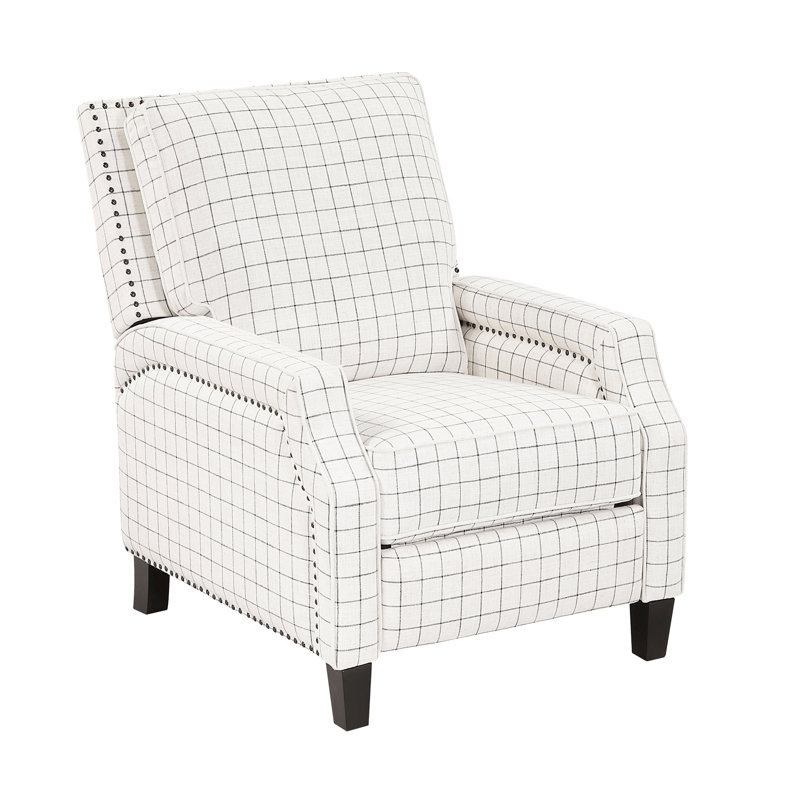 Fauteuil à mouvement automatique de style transitionnel, avec motif écossais noir, base en bois massif, rembourrage en mousse sur ressorts ensachés, coussins de dossier et de siège attachés, pieds exposés, conception à pression, charge de 300 lb