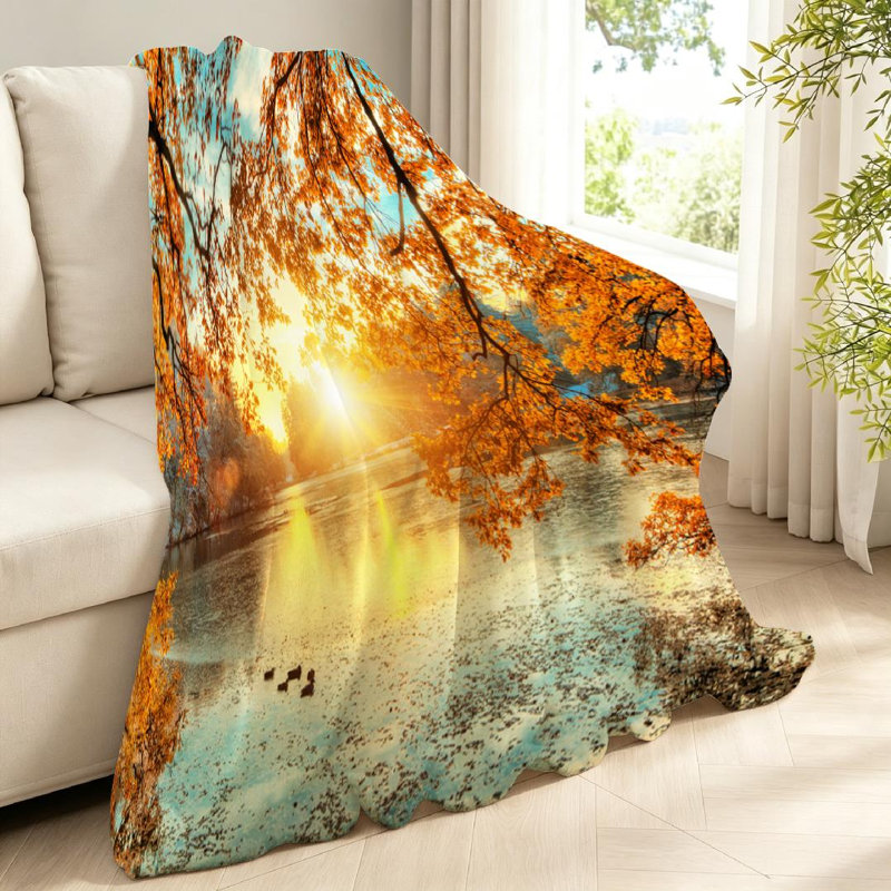 Jeté en molleton jaune ultra doux en flanelle, beaux arbres colorés, impression recto, Throw 40" x 50"