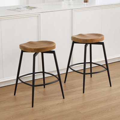 Lennon 24.8"H Industrial Solid Wood Swivel Backless Counter Stools with  Metal Base