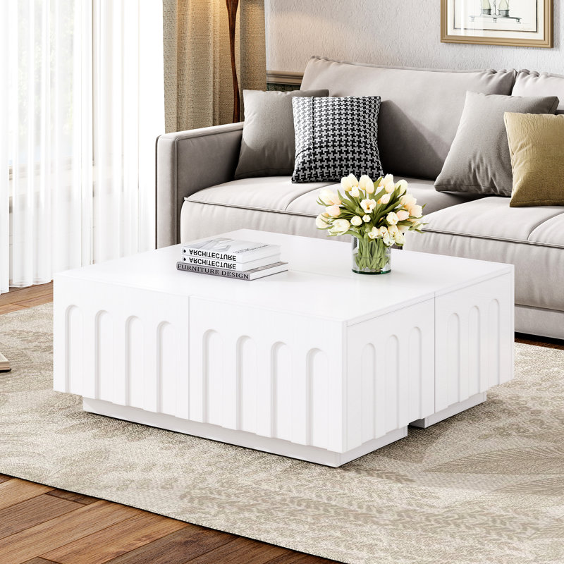 Elegant White Coffee Table And Tv Stand, Four Drawers For Storing Remote Controls Magazines, Arched Design On Drawer , Crafted From 80 - Inch Stand In White, Dual Function With 4 Storage Of Daily