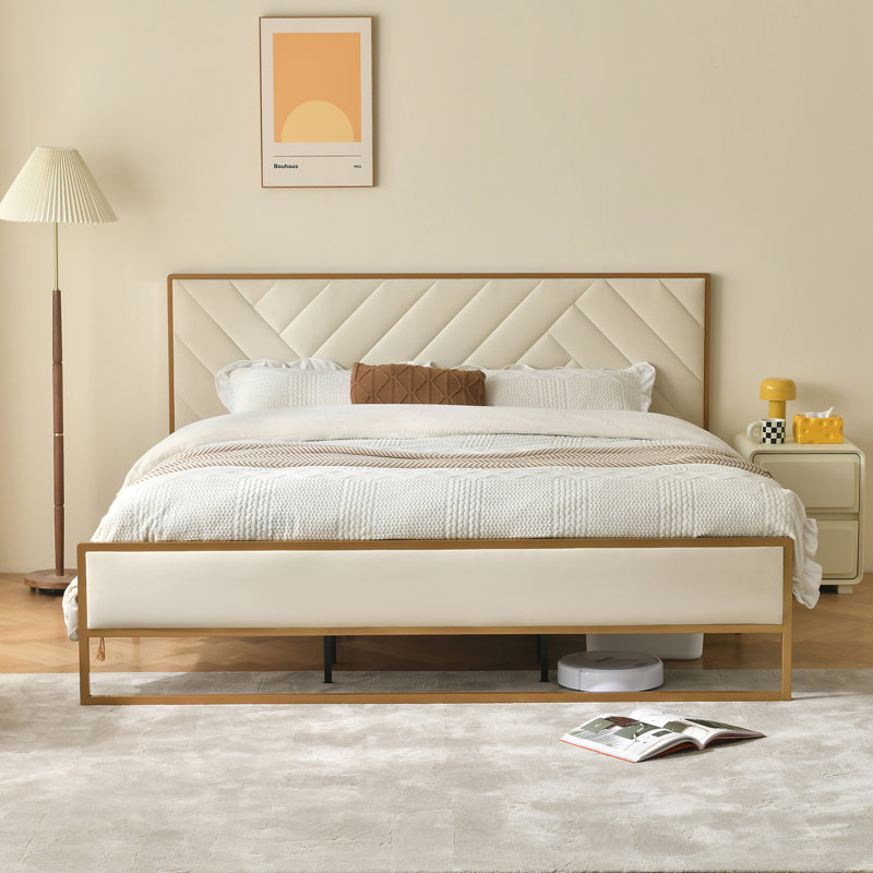 Sheila Upholstered Platform Bed with Velvet Tufted Headboard, Beige, Queen