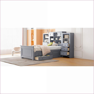 Twin Size Wood Platform Bed with Vertical All-in-One Cabinet &amp; 8 Drawers - No Box Spring Needed Gray