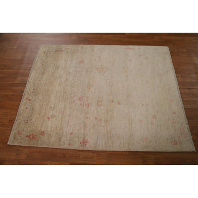 Tapis beige en laine noué à la main de conception unique 3 pi 10 po x 4 pi 10 po New Age