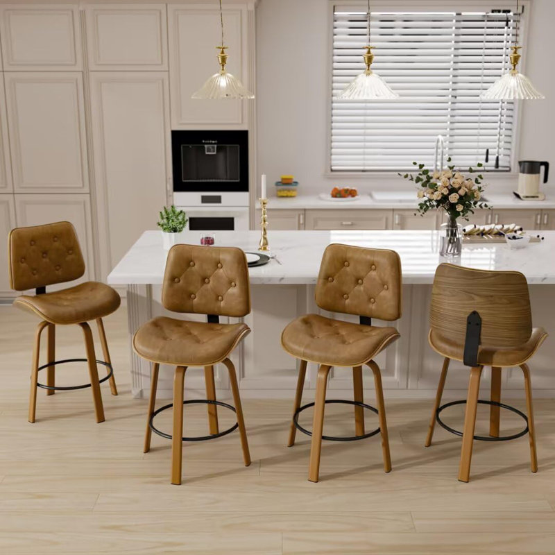 Swivel Bar Stools, 26" Kitchen Counter Height Stools with Back Wooden Legs and Footrest, Black Leather Barstools for Kitchen Island