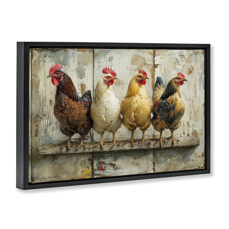  Chickens In A Row Canvas by LSR Design Studio, Jet Black Floater Frame, 17" H x 25" W