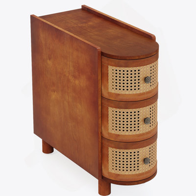 10.62 Inch Narrow Rattan 3-Drawer End Table, Walnut & Oak Slim Nightstand For Small Spaces, No Assembly Required