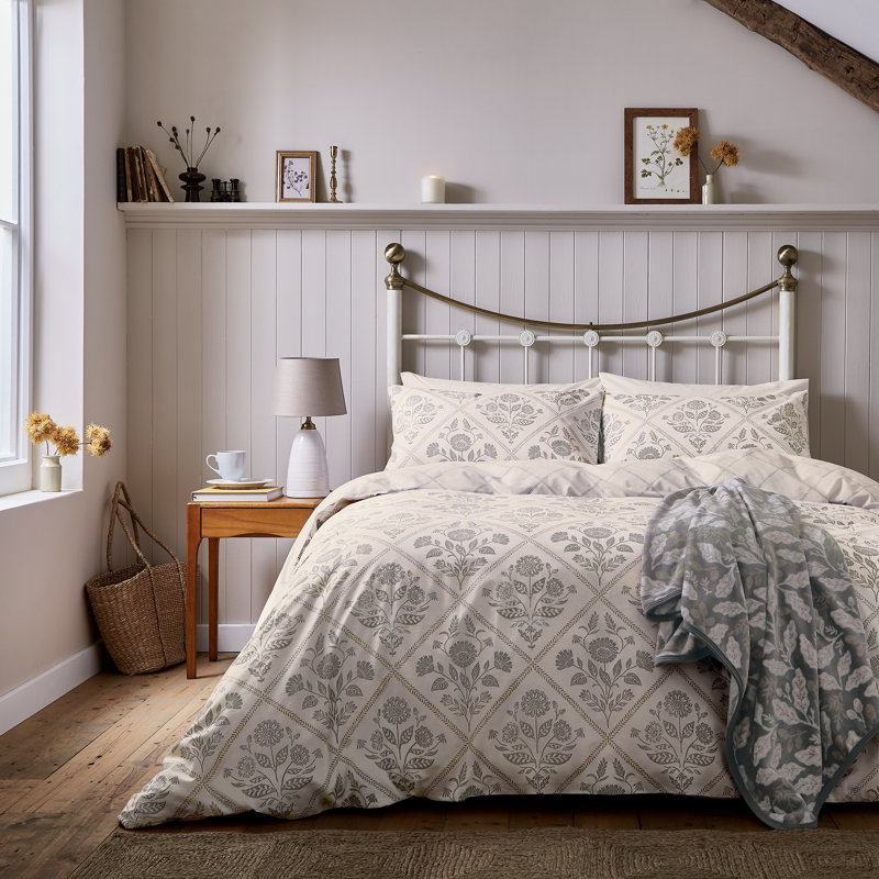 Folk Trellis Cotton Duvet Cover Set, Cream, Single Duvet Cover Set + 1 Pillowcase