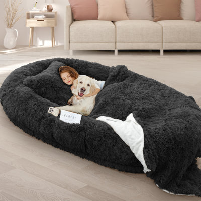 78'' Large Human Dog Bed With Plump Pillow, Blanket, Strap -Black