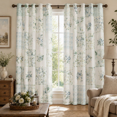 2 pièces de rideaux à imprimé floral patchwork, style maison de campagne, chambre à coucher, motif rétro avec œillets décoratifs pour salon pour la maison