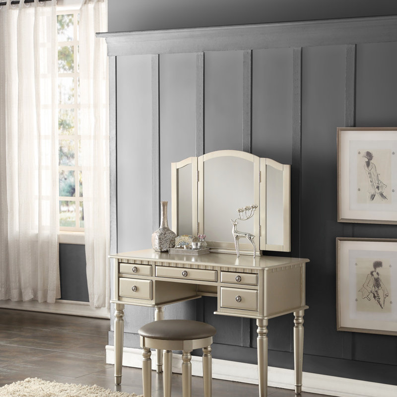 Bedroom Contemporary Vanity Set W Foldable Mirror Stool Drawers, Silver