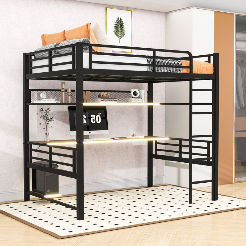 Lit mezzanine double en métal avec bureau, tablettes et lumière DEL