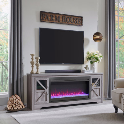Meuble télé avec foyer de 75 pouces, compatible avec les téléviseurs jusqu'à 80 pouces, et foyer électrique de 44 pouces.