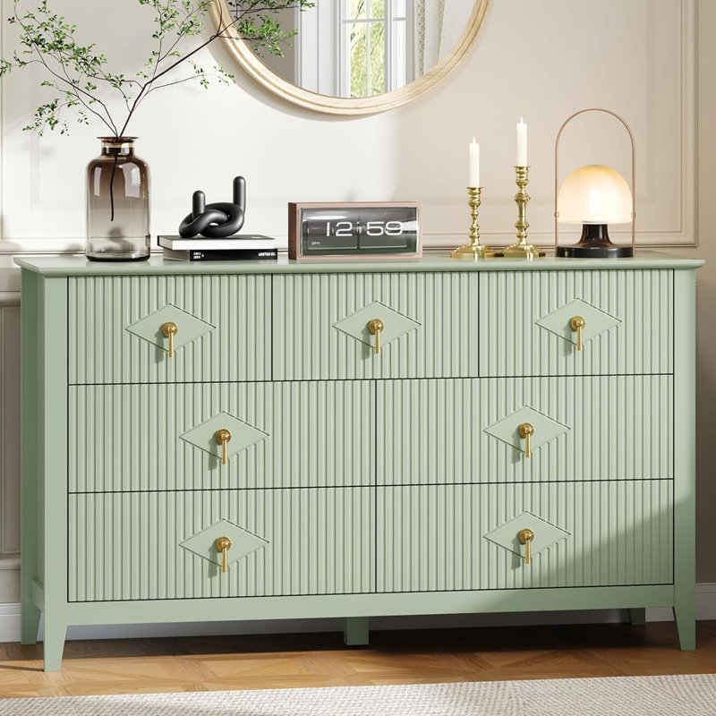 54" Wide 7-Drawer Fluted Dresser, Stylish Multi-Scene Storage, Green