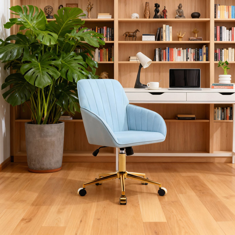 Fauteuil de bureau réglable, chambre à coucher, fauteuil pivotant ergonomique, Bleu pastel, Doré