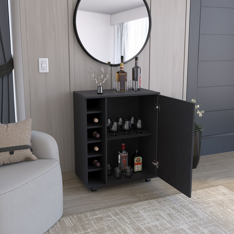 Chariot-bar Wick avec rangement intégré pour le vin, armoire spacieuse et roulettes lisses, Noir