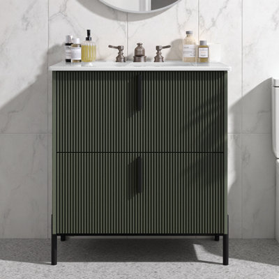 30" Green Fluted Bathroom Vanity with Ceramic Sink & Soft Close Drawers