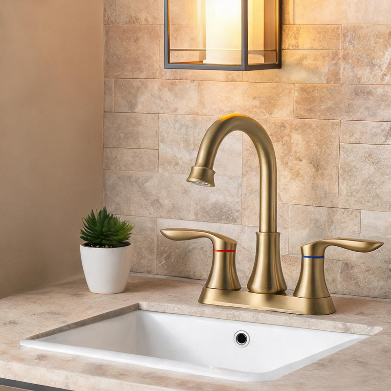 Robinet de lavabo de salle de bain en métal doré avec bec pivotant à 360 degrés et deux poignées à levier, conception centrale moderne