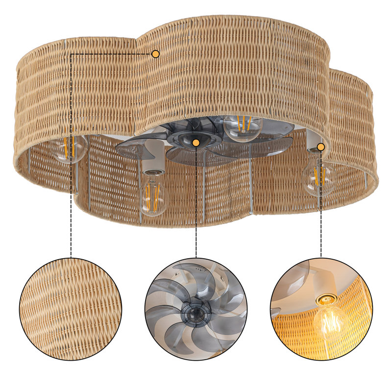23,75 po Ventilateur de plafond blanc en rotin et fleurs tissées avec télécommande