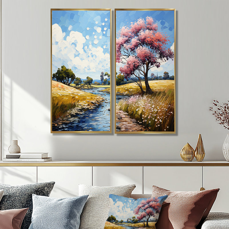 Pissenlits Vangogh dans la prairie I - Art mural traditionnel bleu 2 panneaux, 20" H x 24" W, Framed Print without Mat, Gold