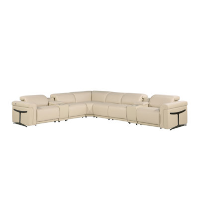 Beige Italian Leather Modular L Shaped Eight Piece Corner Sectional With Console