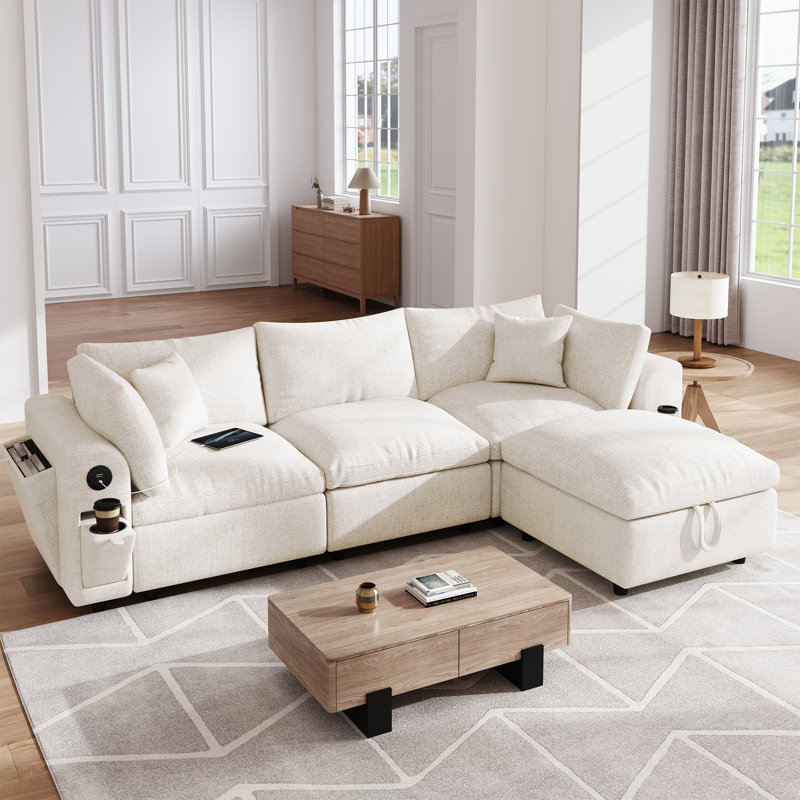 Canapé modulaire luxueux en forme de nuage, canapé modulaire en L à assise profonde de 110,5 po à 3 places avec repose-pieds, structure en bois massif, accoudoirs larges, porte-gobelet USB / Type-C et moderne, confortable pour le salon, blanc chaud