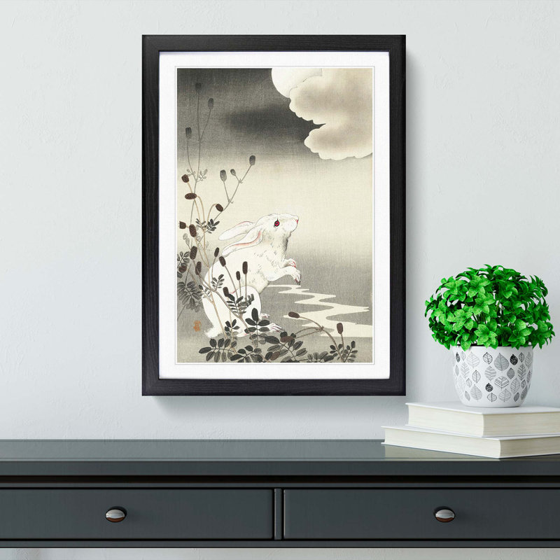 Rabbit at Full Moon by Ohara Koson - Picture Frame Painting Print, 65cm H x 48cm W x 2cm D, Black Framed