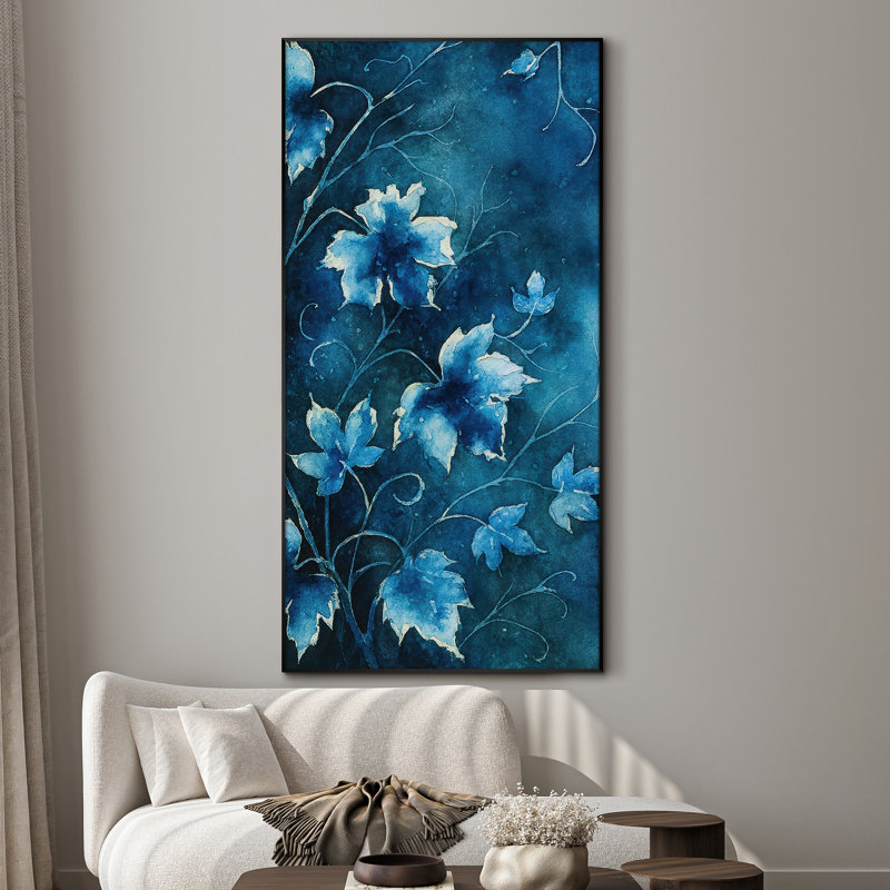 Très grande reproduction d'art sur tissu - Œuvre de vigne botanique florale bleue pour le salon ou la chambre à coucher - «Assemblage requis du cadre (cadre non fini)»
