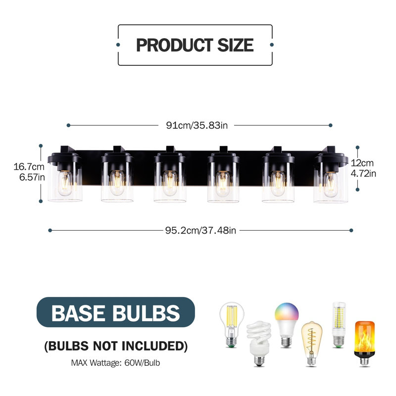 Applique murale pour salle de bain moderne à 6 lumières avec abat-jour en verre transparent mat noir mat moderne